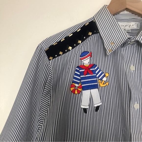 Marquis Nautical Sailor Striped Bedazzled Long Sleeve Button Up Collar Shirt Top - Picture 5 of 8